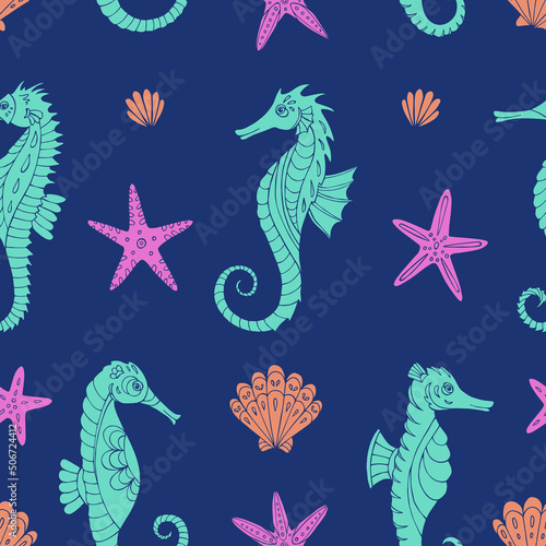 Seamless vector pattern with sketch of hippocampus  starfish and sea shells. Sea seamless vector pattern. Decoration print for wrapping  wallpaper  fabric.