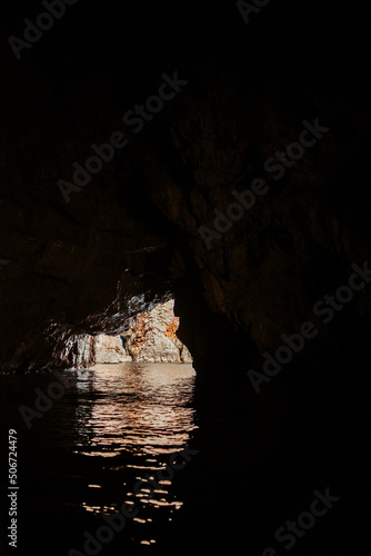 Montenegro. Kotor. blue cave, cave at sunset view from inside