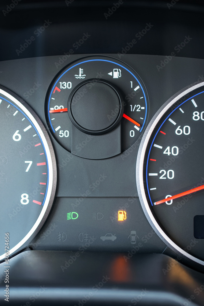 Fuel gauge gas empty. Car tank low petrol meter indicator on dashboard