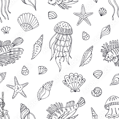 Seamless vector pattern with sketch of jellyfish, sea fish, sea shells and starfish. Sea seamless vector pattern. Decoration print for wrapping, wallpaper, fabric.