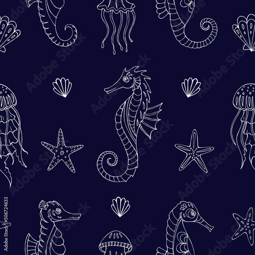 Seamless vector pattern with sketch of hippocampus, jellyfish, starfish and sea shells. Sea seamless vector pattern. Decoration print for wrapping, wallpaper, fabric.