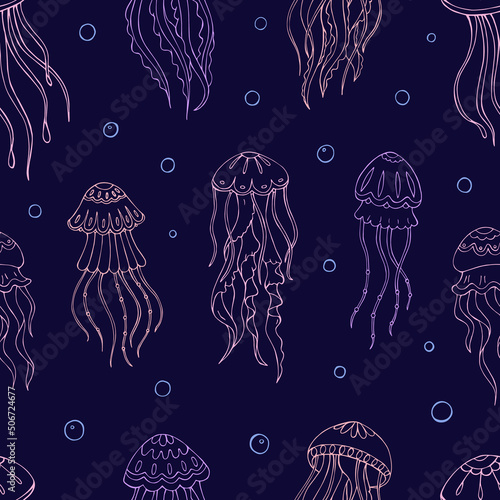Seamless vector pattern with sketch of jellyfish. Sea seamless vector pattern. Decoration print for wrapping, wallpaper, fabric. 