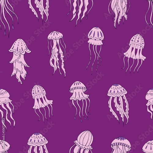 Seamless vector pattern with sketch of jellyfish. Sea seamless vector pattern. Decoration print for wrapping, wallpaper, fabric. 