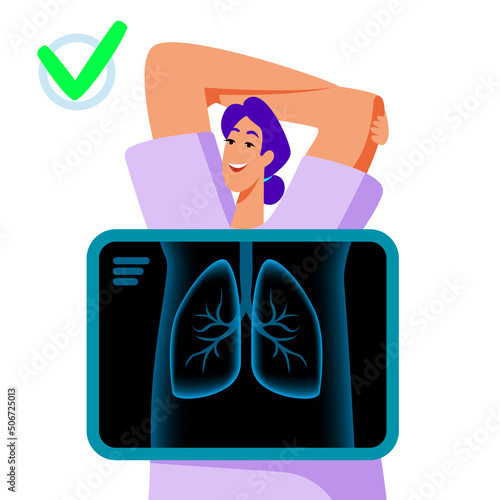 Smiling female patient at x-ray machine in flat style. Vector illustration.