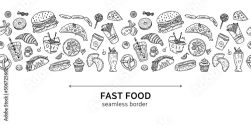 Fast food seamless border with vector hand drawn sandwich, pizza, french fries, donuts, burger, hot dog, noodle, coffe and cupcake
