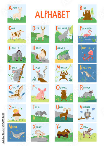 Cute Animals alphabet for kids education from A to Z. Childish vector font for kids ABC book with hand drawn animal characters
