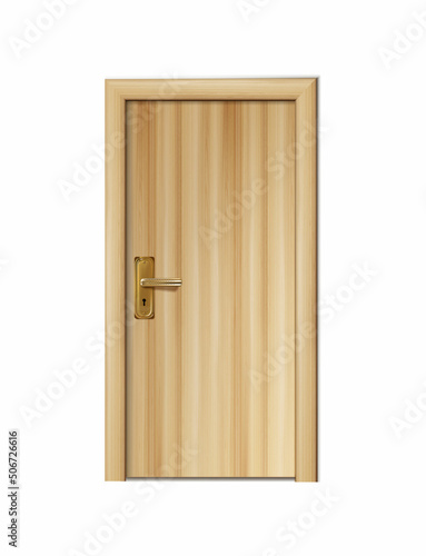 3d realistic vector icon. Old antique wooden door with golden handle.