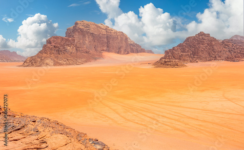 Red sands  mountains and marthian landscape panorama of Wadi Rum desert  Jordan