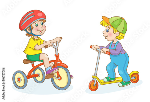 Two  funny little boys. One on a bicycle, the other on a scooter. In cartoon style. Isolated on white background. Vector illustration