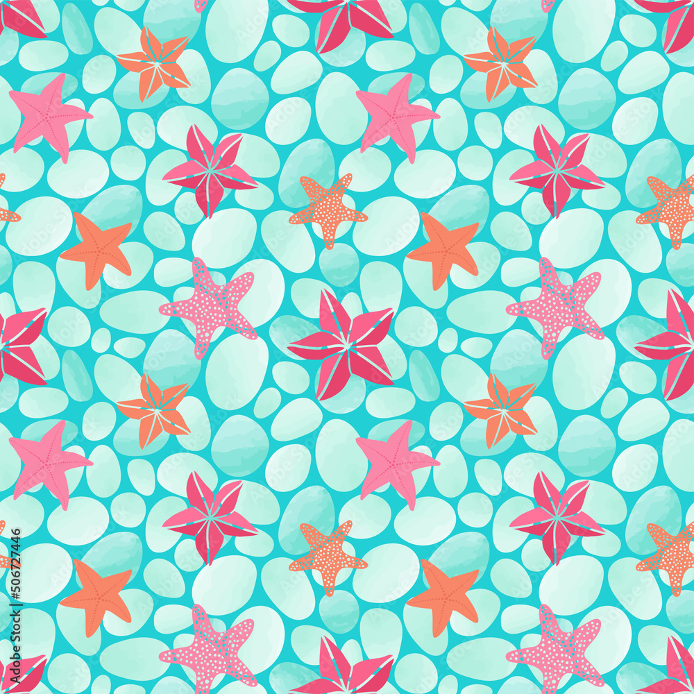 Seamless pattern with pebbles and starfishes. Marine vector background. Seamless pattern with pebbles and starfishes. Marine vector background.