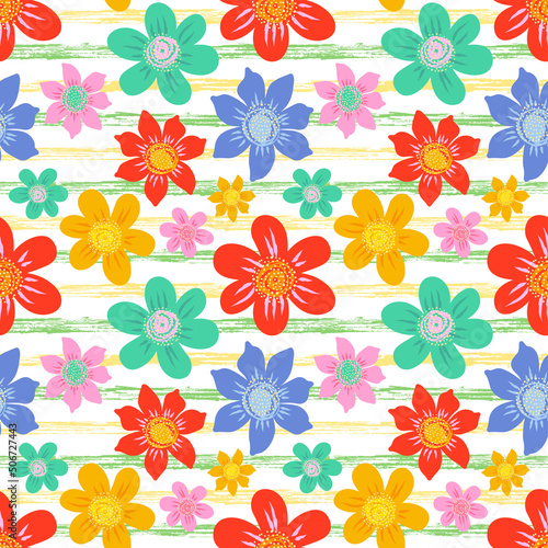 Floral background in bright color palette. Seamless vector pattern with flowers and stripes.