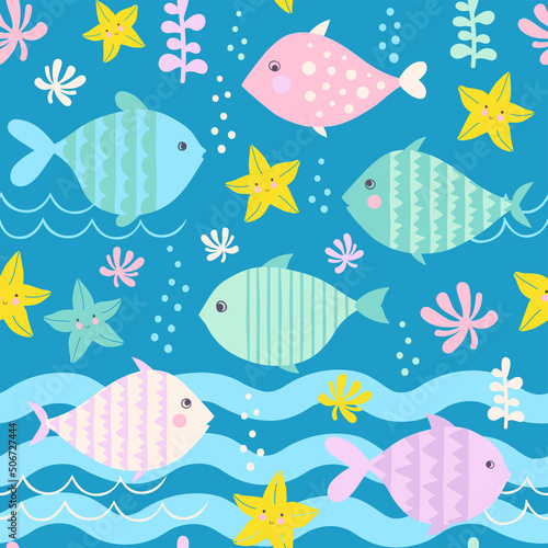 Marine vector background. Seamless pattern fishes and water plants underwater. Great for wallpaper, fabric, nursery.