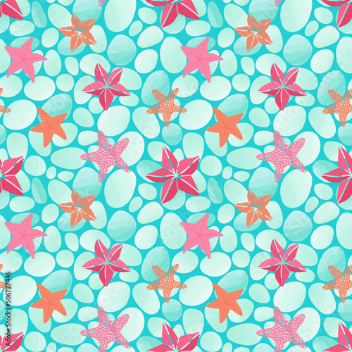 Seamless pattern with pebbles and starfishes. Marine vector background. © Julia
