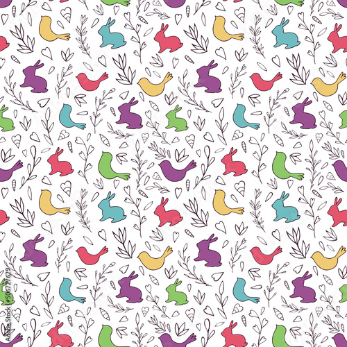 Seamless vector pattern of rabbits  birds and abstract floral elements. Holiday background for greeting card  website  printing on fabric  gift wrap  postcard and wallpapers.