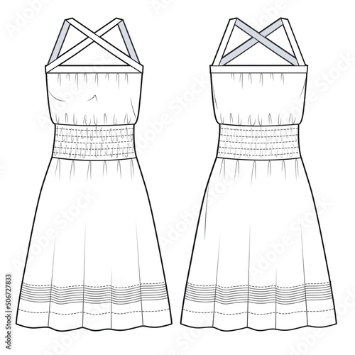 Girl's mini Dress fashion flat design CAD. Women's Dress with shoulder straps technical drawing template. Dress with front, back view, white color.