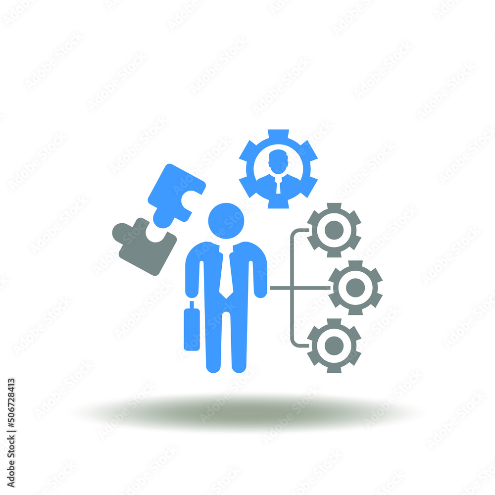 Vector illustration of businessman with flowchart and gears, puzzle. Icon of roles and responsibilities. Symbol of employee professional role, responsibility, motivation. Vector illustration of businessman with flowchart and gears, puzzle. Icon of roles and responsibilities. Symbol of employee professional role, responsibility, motivation.