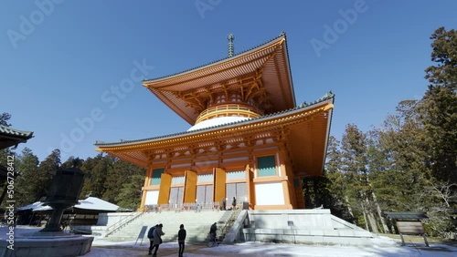 Cinematic gimbal shot of historic Buddhist temple at Mount Koya in Wakayama prefecture, Japan