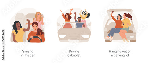 Driving the first car isolated cartoon vector illustration set. Diverse teenage girls singing in the car, driving cabriolet, fun ride, young friends hanging out on parking lot vector cartoon. © Vector Juice