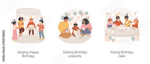 Kid Birthday celebration isolated cartoon vector illustration set. Children clapping and singing Happy Birthday, getting presents, unpacking gift, eating delicious cake, kids party vector cartoon.