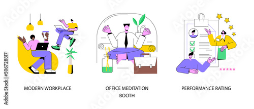 Working environment and productivity abstract concept vector illustration set. Modern workplace, office meditation booth, performance rating, employee happiness and wellbeing abstract metaphor.