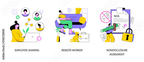 Employment options abstract concept vector illustration set. Employee sharing, remote worker, nondisclosure agreement, sign contract, freelance worker, confidential information abstract metaphor.