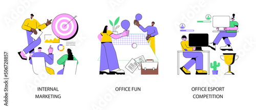 Employee engagement abstract concept vector illustration set. Internal marketing, office fun and esport competition, stress management, teambuilding, video game tournament abstract metaphor.