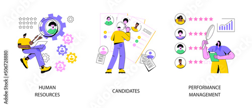 HR and headhunter service abstract concept vector illustration set. Human resources, candidates, performance management, find employee, job applicant, HR management software abstract metaphor.
