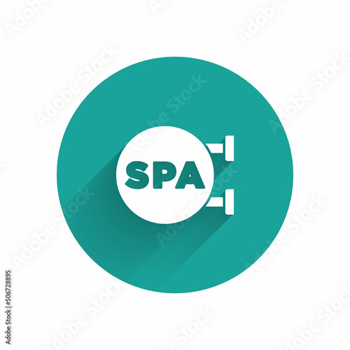 White Spa salon icon isolated with long shadow. Concept for beauty salon, massage, cosmetic. Spa treatment and cosmetology. Green circle button. Vector