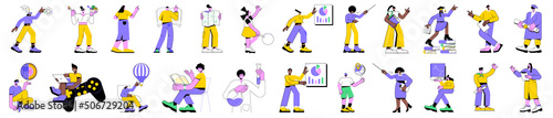 Colorful linear vector illustration set of isolated students in learning process. Distance web learning tools, school college activity, read a book, happy students with diploma, high education.
