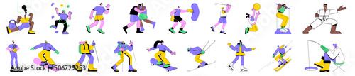 Colorful linear vector illustration set of isolated characters doing sport. Winter and summer outdoor fun. Skiing and skating, boxing and martial arts. Ice fishing and hiking. Healthy lifestyle.