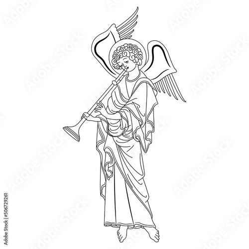 Winged angel playing the trumpet. Medieval Christian symbol. Black and white linear silhouette.
