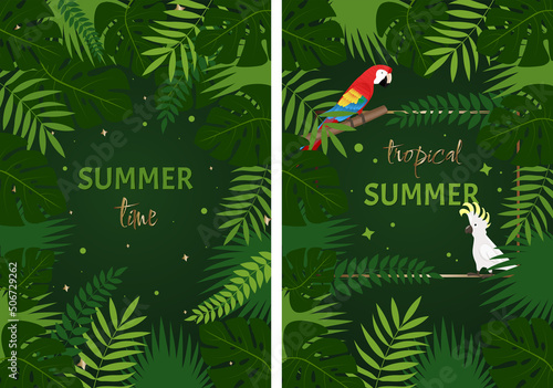 Background tropical palm leaves with parrots. Design of an invitation or flyer with jungle leaves. Vector illustration.