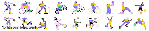 Colorful linear vector illustration set of diverse isolated characters doing fitness and playing sport games. Inclusive sports for people with disabilities. American football and soccer, healthy life.