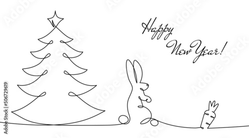 2023 year of rabbit Happy chinese New Year zodiac symbol Festive greeting card Vector illustration isolated white background One line contour silhouette hare, balloons in one solid continuous line