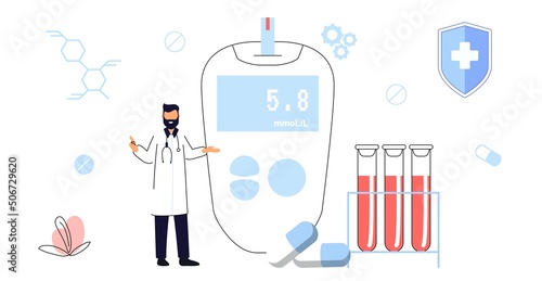 Glucometer for sugar level blood test Diabetic blood glucose meter with pills and test tubes Vector illustration for awareness day, medicine, health care concept Idea of healthcare and treatment