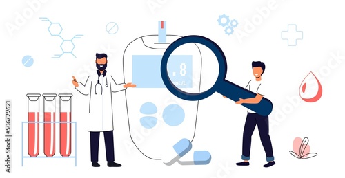 Glucometer for sugar level blood test Diabetic blood glucose meter with pills and test tubes Vector illustration for awareness day, medicine, health care concept Idea of healthcare and treatment