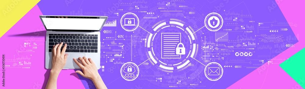 Data protection concept with person using a laptop computer Data protection concept with person using a laptop computer