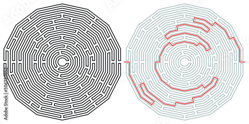 Polygonal vector labyrinth with with solution. Maze game Labyrinth design with entry and exit arrows.