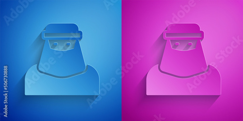 Paper cut Muslim woman in niqab icon isolated on blue and purple background. Paper art style. Vector
