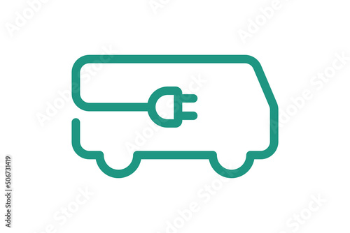 Electric bus icon. Green cable electrical e-bus contour and plug charging symbol. Eco friendly electro vehicle sign concept. Vector battery powered transportation eps illustration