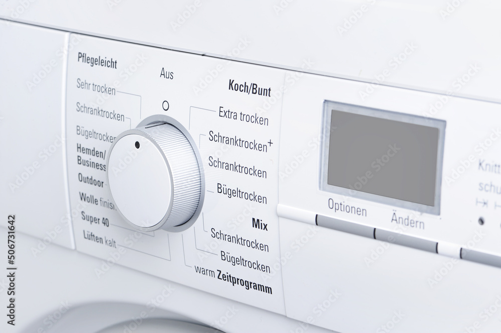 Modern white washing machine front panel with display Modern white washing machine front panel with display