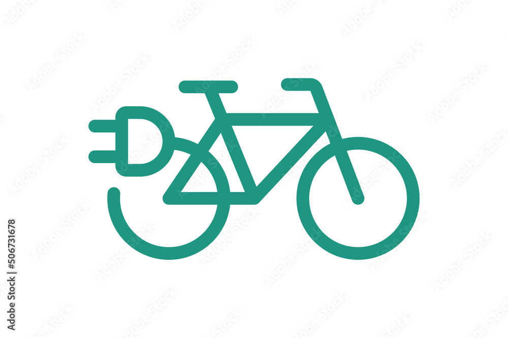 Electric bicycle icon. Green cable electrical bike contour and plug charging symbol. Eco friendly electro cycle vehicle sign concept. Vector battery powered e-bike transportation eps illustration Electric bicycle icon. Green cable electrical bike contour and plug charging symbol. Eco friendly electro cycle vehicle sign concept. Vector battery powered e-bike transportation eps illustration