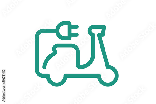 Electric motorcycle icon. Green cable electrical moped contour and plug charging symbol. Eco friendly electro motorcycle vehicle sign concept. Vector battery powered EV transportation eps illustration