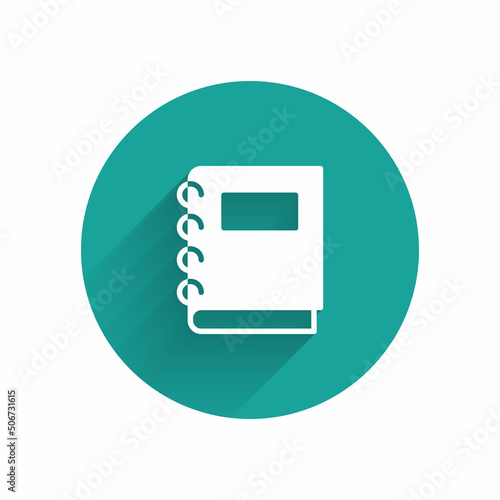 White Notebook icon isolated with long shadow background. Spiral notepad icon. School notebook. Writing pad. Diary for school. Green circle button. Vector