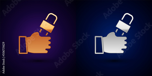 Gold and silver Journalist hand holding microphones performing interview icon isolated on black background. Vector