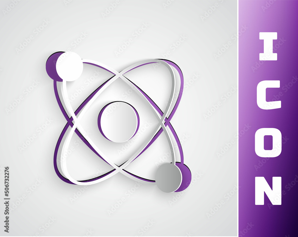 Paper cut Atom icon isolated on grey background. Symbol of science, education, nuclear physics, scientific research. Paper art style. Vector Paper cut Atom icon isolated on grey background. Symbol of science, education, nuclear physics, scientific research. Paper art style. Vector