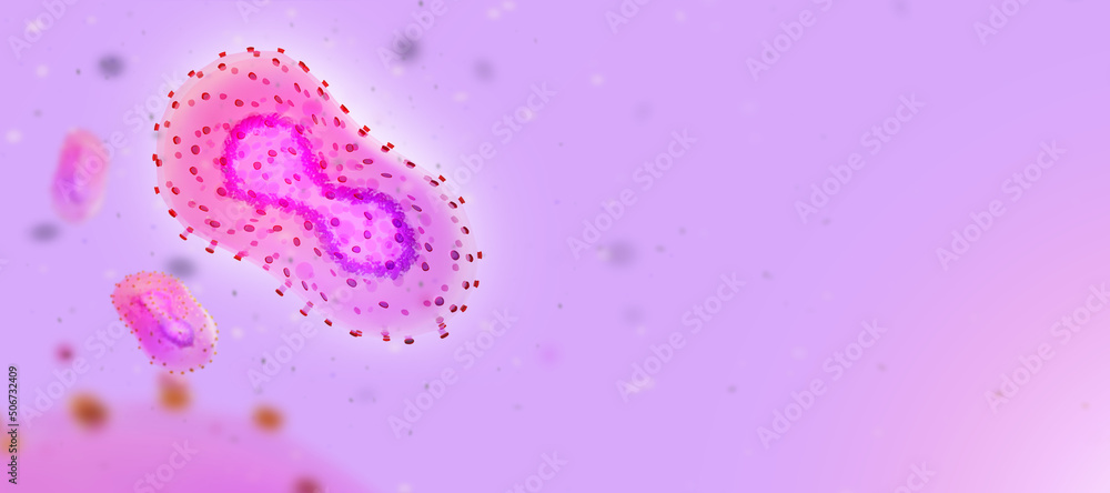 Monkeypox background. Monkeypox bacteria is variant of smallpox. Penetration monkey fever into human blood. Mutated fever monkey. Copy space near Monkeypox bacteria. Influenza virus cells. 3d image