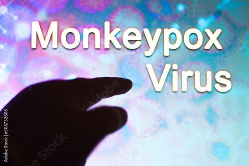 A human hand with the word Monkeypox virus in the background. Monkeypox is a viral disease that occurs mainly in central and western Africa. photo