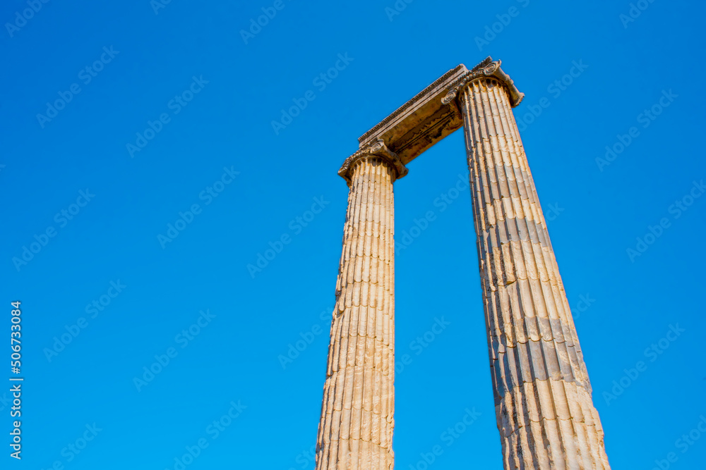 Greek Stone Pillars of a ancient temple in greece. Columns of old temple in Turkey, Didyma 