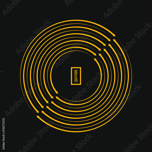 Yellow concentric speed lines with arrow heads. Geometric art. Design element for border frame, round logo, blackout tattoo, sign, symbol, web pages, prints, template, pattern and abstract background